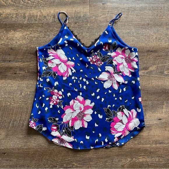Express V Neck Floral Tank Top Small Blue Pink Lace - Picture 7 of 10